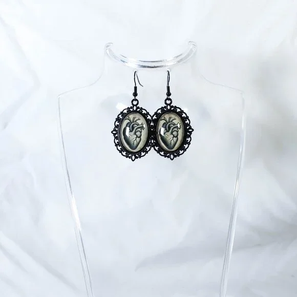 Victorian Anatomical Heart Cameo Earrings Tan Background - Picture 4 of 6